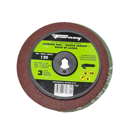 Forney Resin Fibre Sanding Disc, Aluminum Oxide, 4-1/2 in x 7/8 in Arbor, 120 Grit 71671